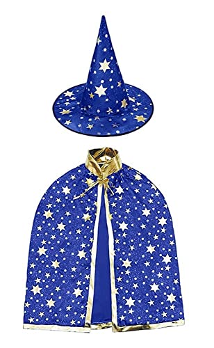 RUISCHENTONG Kinder Halloween Kostüm, Hexe Zauberer Umhang mit Hut für Kinder, für Halloween-Kostümpartys, Cosplay, Bühnenauftritte, Kostümzubehör (Blau)
